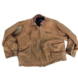 Vintage Tri-Mountain DUCK Tan Canvas DISTRESSED Thrassed Work JACKET Mens XL